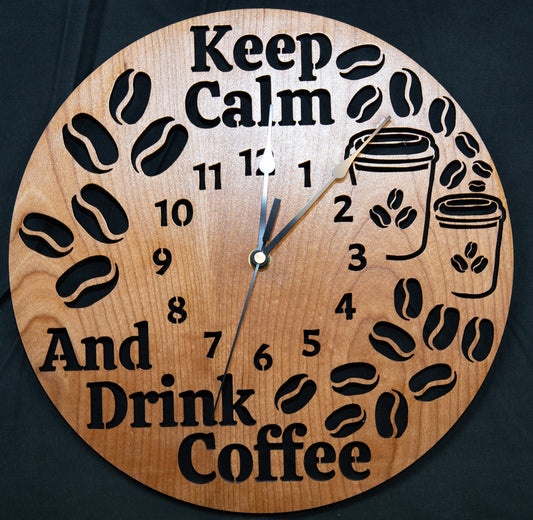 "Keep Calm and Drink Coffee" Cherry Wood Clock